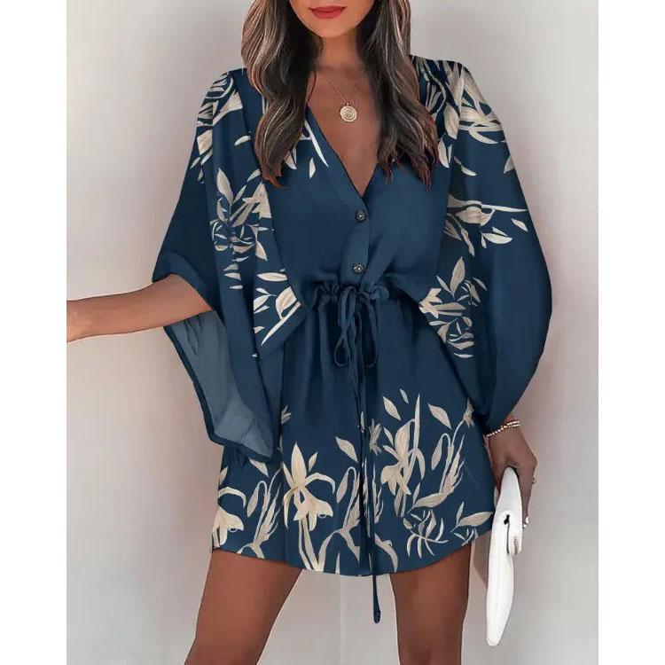 Summer Casual Drawstring Tie-Up Mini Loose Dress Fashion Print Batwing Sleeve Beach Dress Sexy Button V Neck Women Party Coverup