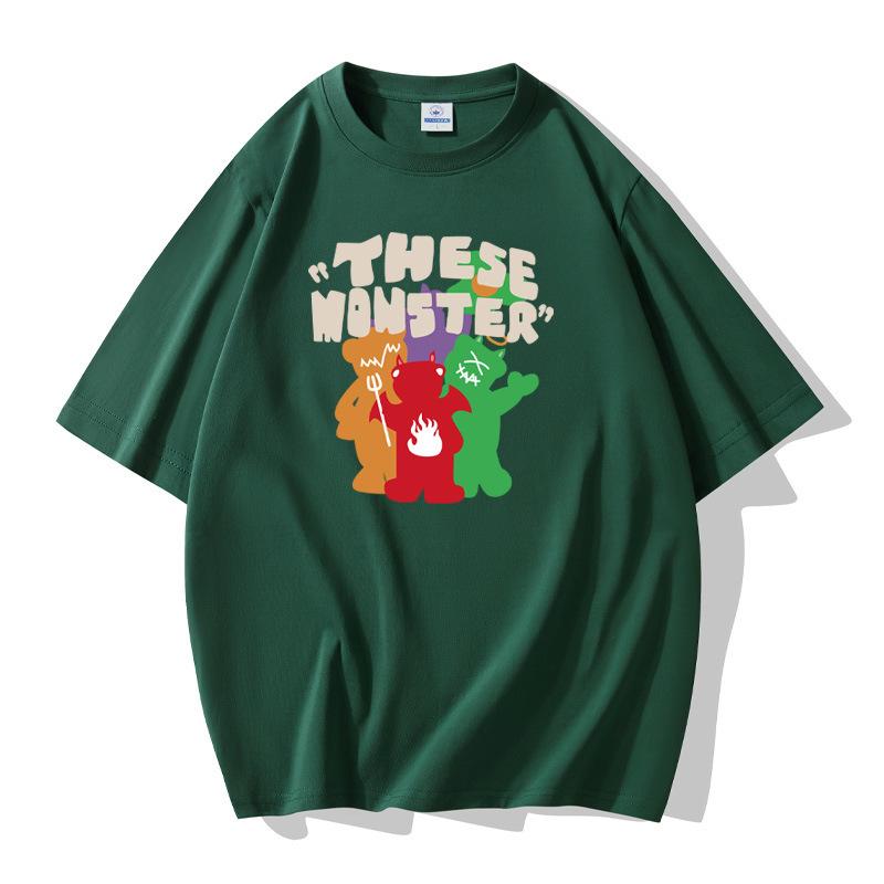 

Футболка мужская с короткими рукавами и узором «Маленькие монстры», свободная, 100% хлопок, большой размер S темно-зеленого