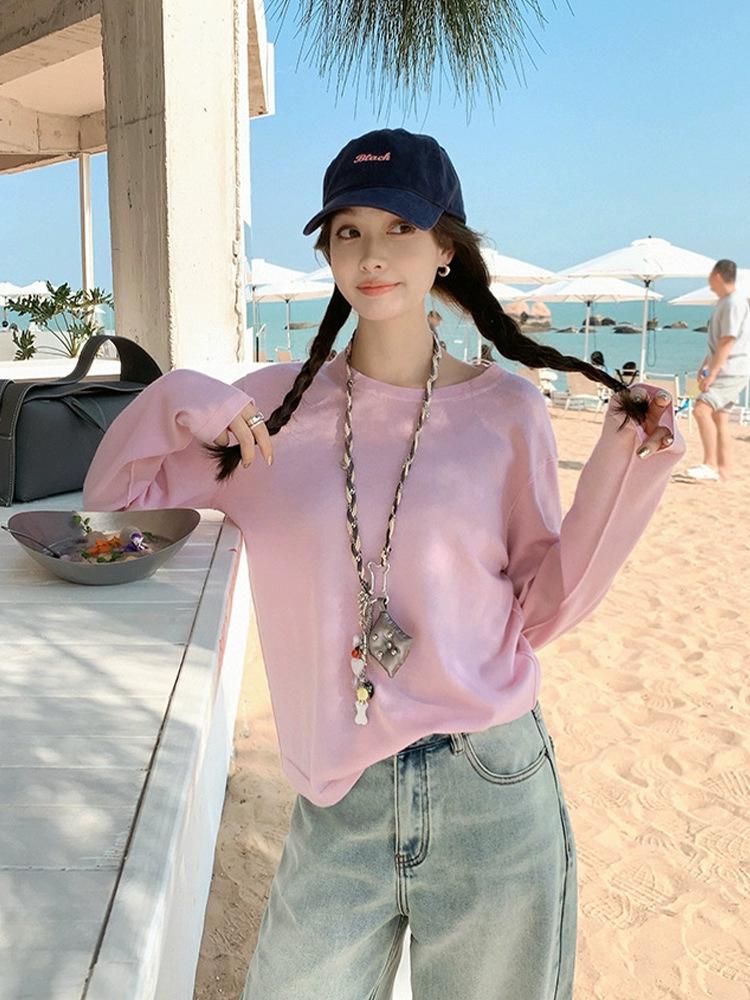 Si Yuan Women s Lambswool Blend Round Neck Knit Top with Drop Shoulder and Rolled Hem - Spring 2026 Collection Small фиолетовый