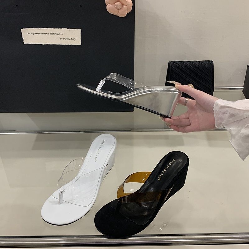 

Fashion small slope heel high heel open toe flip-flops pinch feet niche lazy shoes comfortable cool slippers casual women s shoes 40 чёрный