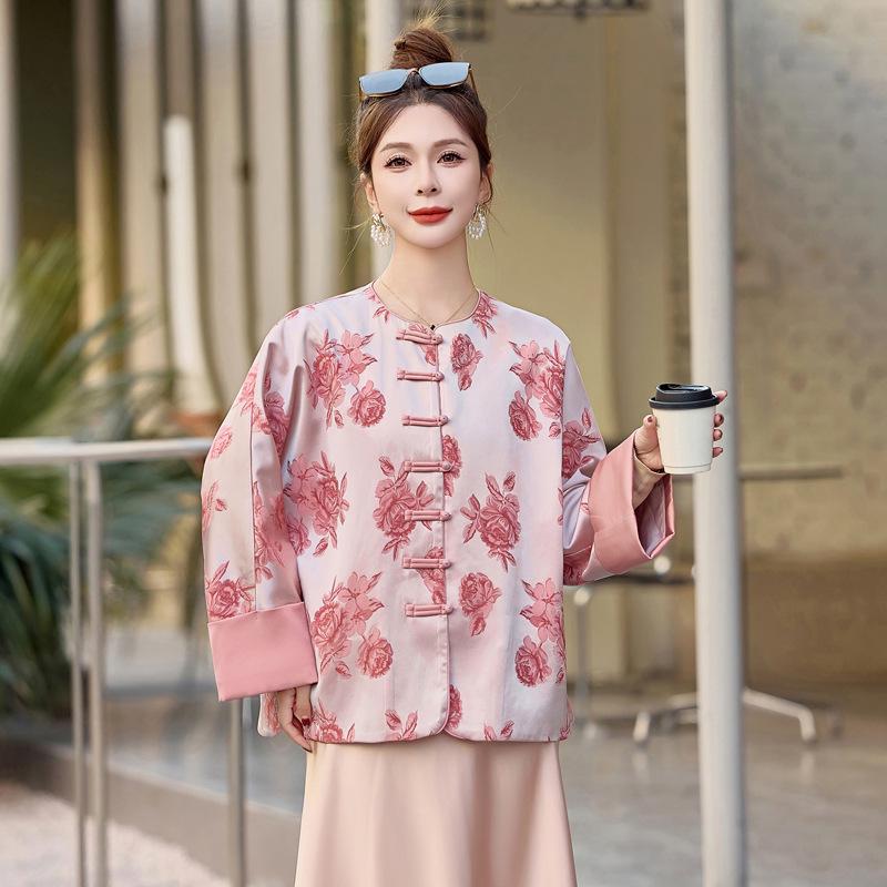 Women's 2025 Spring Floral Frog Button Jacket - Round Neck, Loose Fit, Chinese National Style