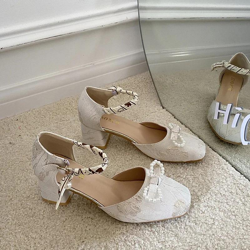 Fashion Beaded Bow Mary Janes High Heels Shoes Women Print Random Summer Sandals 2024 Lolita Dress Pumps Square Toe Femme Zapatillas