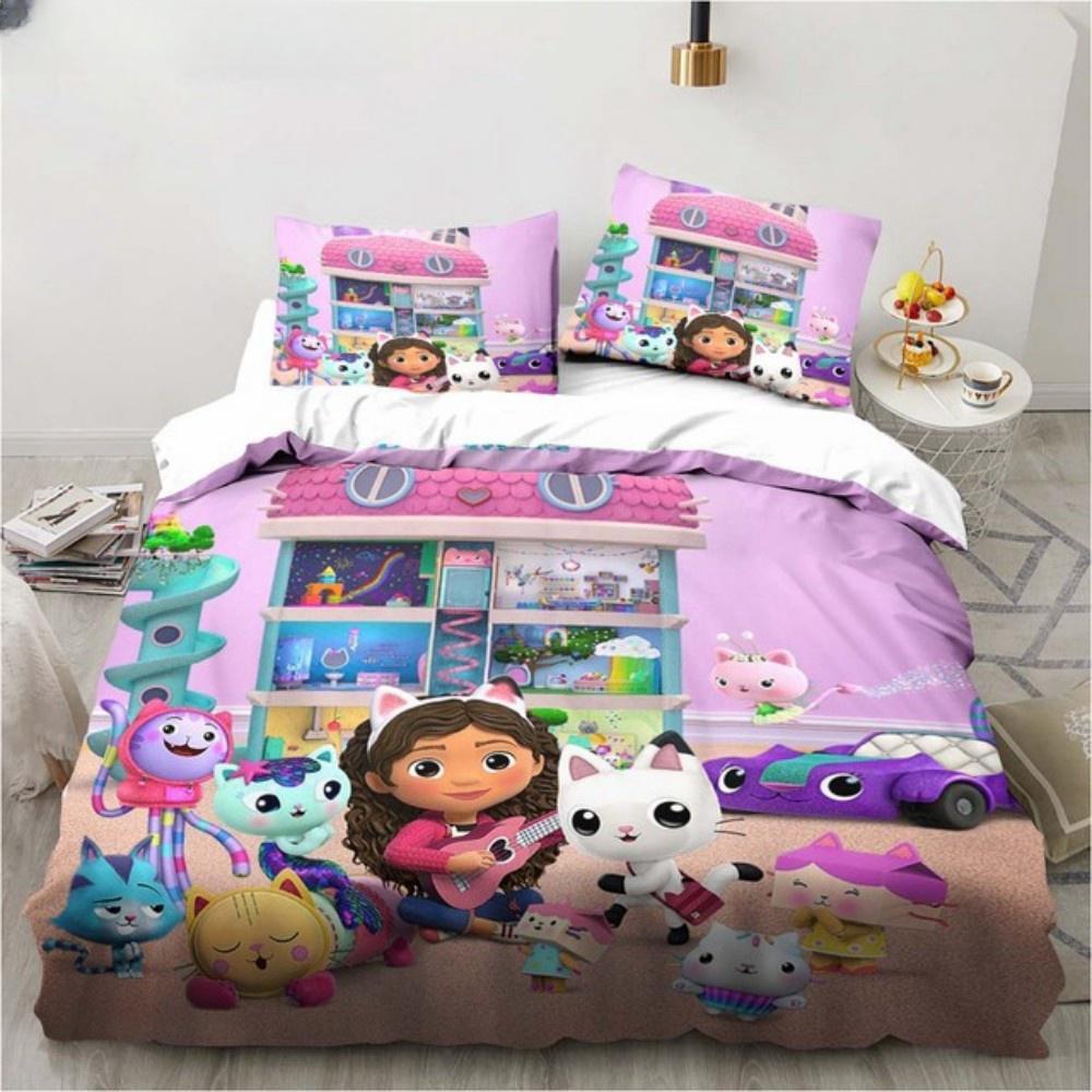 Zestaw pościeli Gabby'S Dollhouse Poszewki na poduszki z postaciami z kreskówek Poszewka na kołdrę Dla dziewczynki Dzieci Prezent Sing Twin Full Queen Urocza Kawaii Pościel 3D