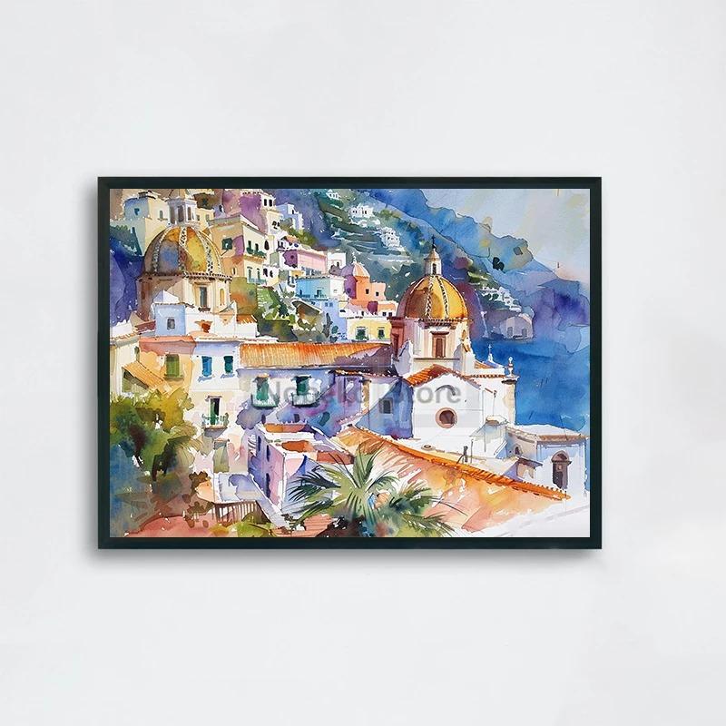 Italian Amalfi Coast Cityscape Poster Positano Watercolor Coastal Landscape Prints Canvas Painting Wall Art Home Room Decoration