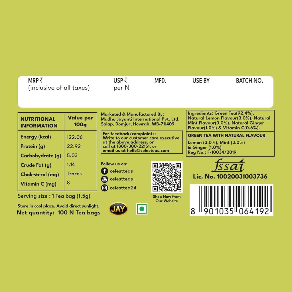 Celest Grüner Tee Minze Zitrone Ingwer mit Vitamin C 100 Teebeutel X 3er Packung Erfrischendes Gesundes Getränk