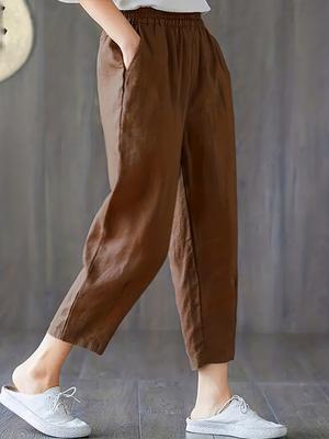 Solid Elastic Waist Loose Pants, Casual Slant Pocket Cropped Pants, Women's Clothing