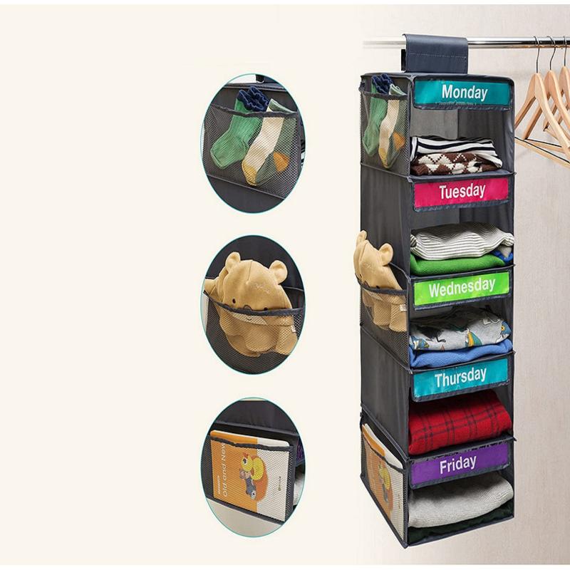 5-Shelf Weekly Clothes Organizer Kids Daily Shelf Hanging Closet Organizer Days Of The Week Hanging Storage Shelves For Kids