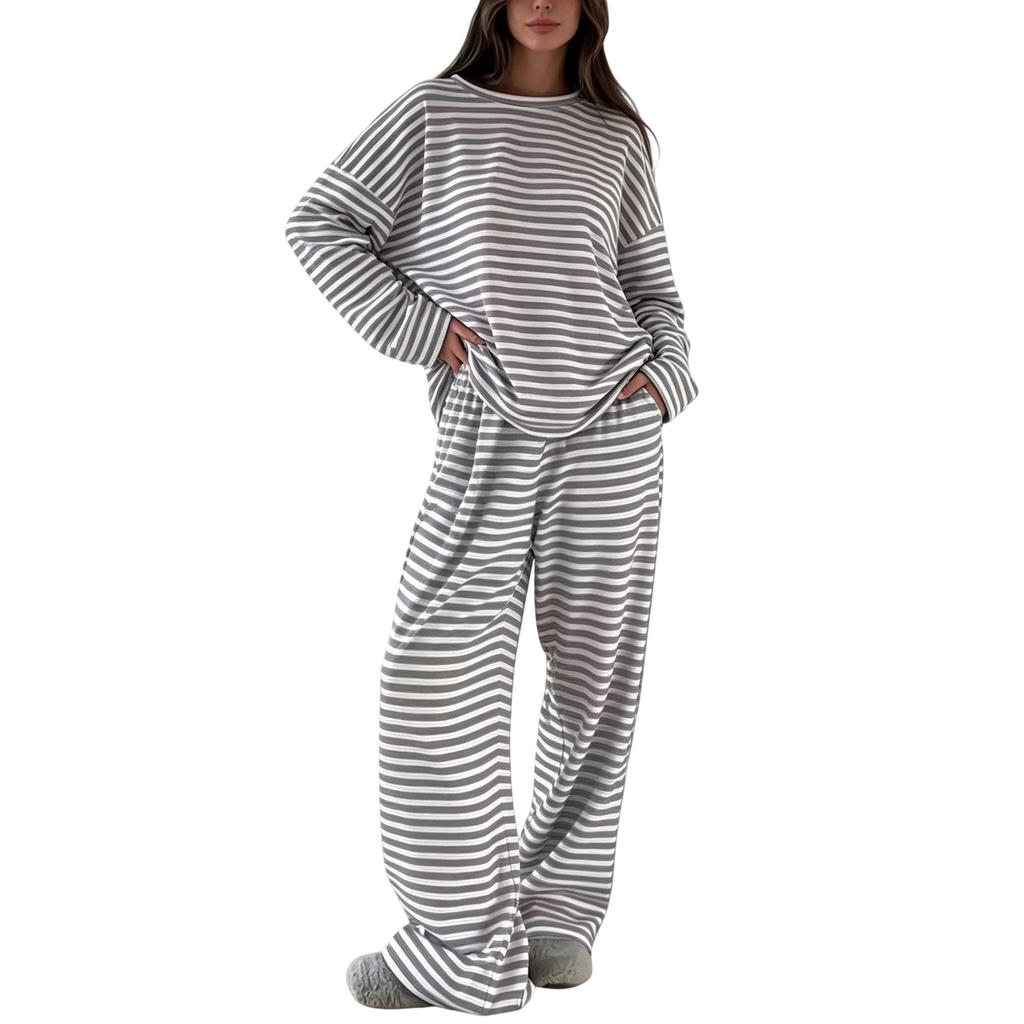 Women's Striped 2 Piece Set with Long Sleeve Top and High Waisted Pants