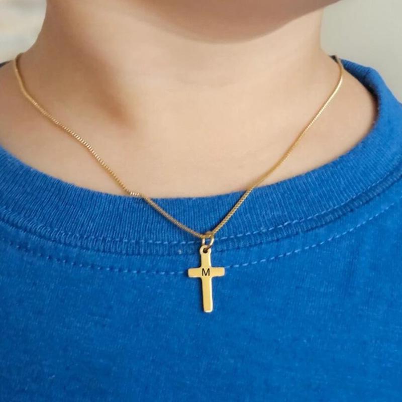 Engraved 26 Initial Letter Cross Pendant Necklace For Boys Girls Gold Plated Stainless Steel Children Jewelry