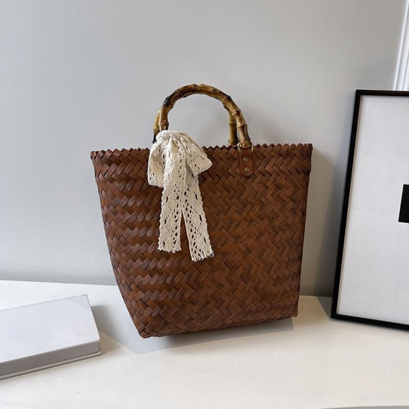 

Женская тканая пляжная соломенная сумка, повседневные сумки ручной работы из ротанга на ремне 27x12x29cm коричневый/белый