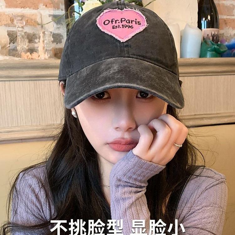 Retro Washed Cotton Letter Embroidered Cap Women Baseball Cap Casual Sun Protection Hat Hip Hop Dad Hat Y2K Pink Love Heart Caps