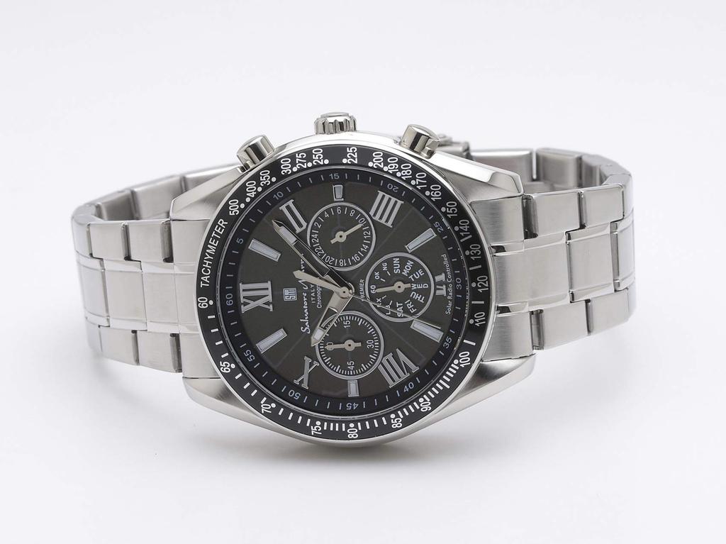 Salvatore Marra Chronograph Business with Watch Model BKSV Men's Solar-Powered Radio-Controlled Wristwatch, Waterproof, Analog, Black, Cloth,