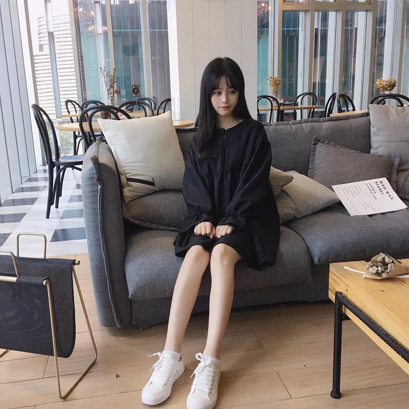 2025 Frühling/Herbst Damen Koreanisch-Japanischer Stil Schnürkleid Trompetenärmel Midi-Kleid