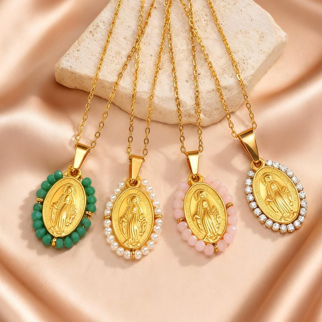 Classic Virgin Mary Pendant Necklace for Women, Zircon Imitation Pearl Natural Stone Bead Charm Necklace,Stainless Steel Jewelry