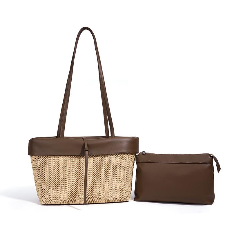 Large capacity straw woven color matching handbag bag women's casual color contrasting woven tote bag beach bag
