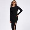 Knit Slim Sexy Bodycon Dress for Women Round Necked Long Sleeve Dress Solid Slit Ruched Dresses Casual Sweater Dress Knee Length Dresses