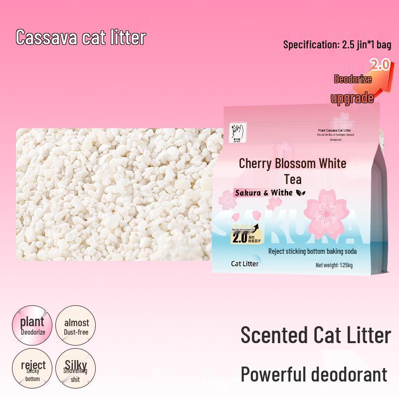 Cassava Cat Litter, Cherry Blossom White Tea, 20kg – Deodorizing, Nearly Dust-Free, Easy Clumping, Odor Control.