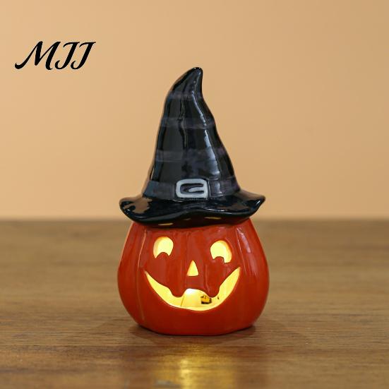 Small Ceramic Halloween Figurine Tealight Holder, Lighted Ghost Pumpkin with Cute Room Decoration Witch Hat, Tiered Tray Tabletop Decor for