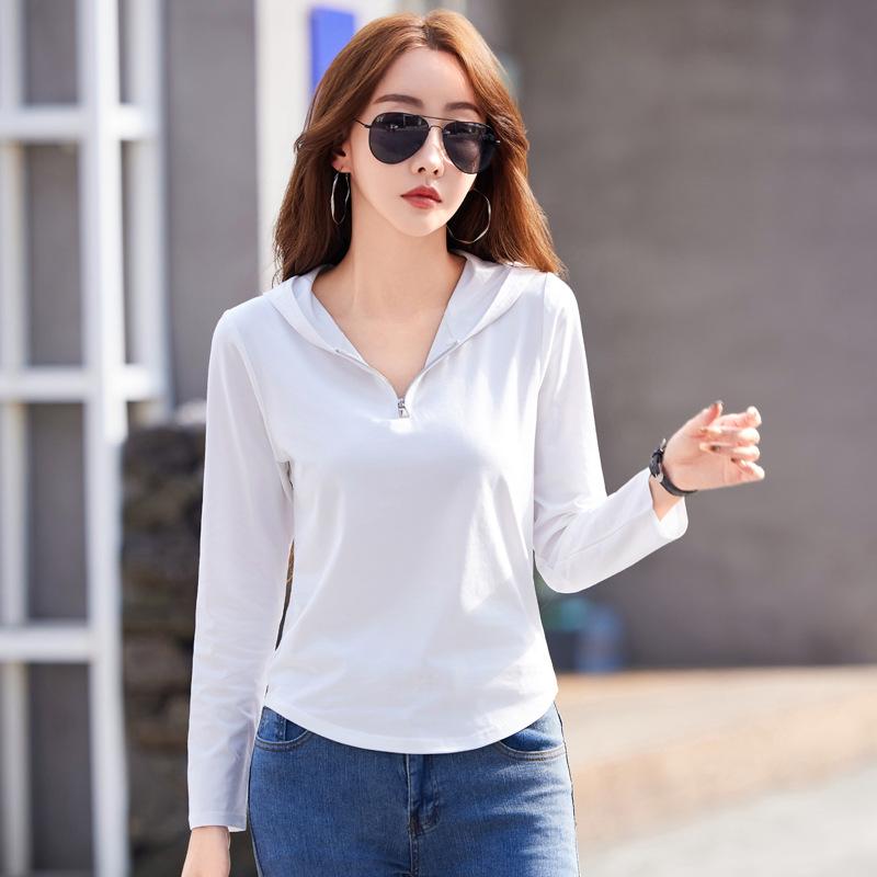 

Весенние и летние рубашки-нижние модные и повседневные топы с капюшоном, модные футболки и одежда с длинными рукавами на молнии L белый