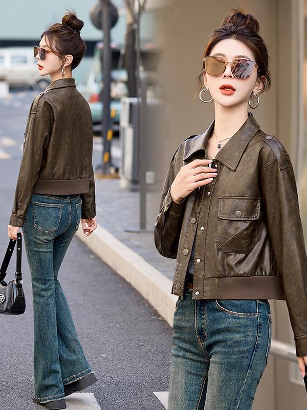 Women's Retro Genuine Leather Motorcycle Jacket, Spring/Autumn 2025 Fashion, Solid Color, Loose Fit, Short Style.