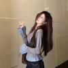 Korean Style Retro Two-Piece Plaid Patchwork Women's T-shirt for Autumn/Winter