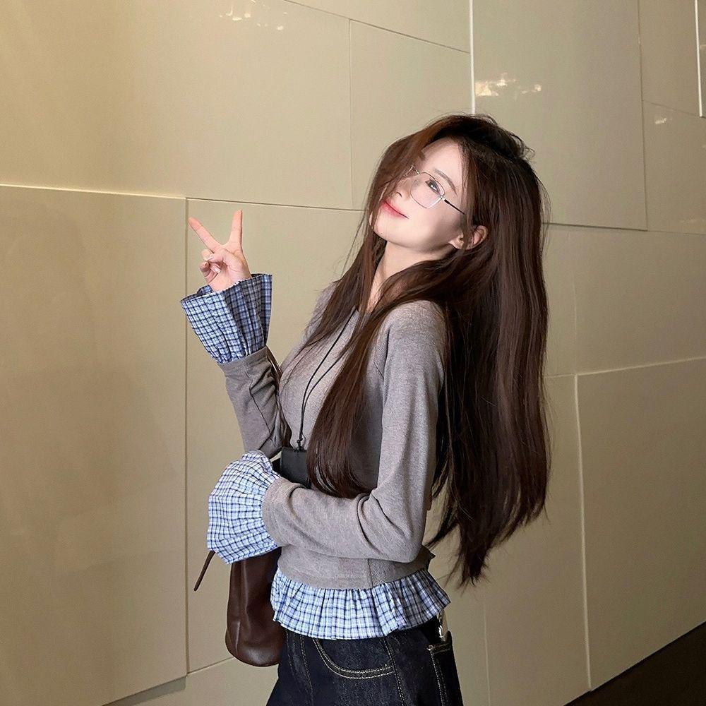 Korean Style Retro Two-Piece Plaid Patchwork Women's T-shirt for Autumn/Winter