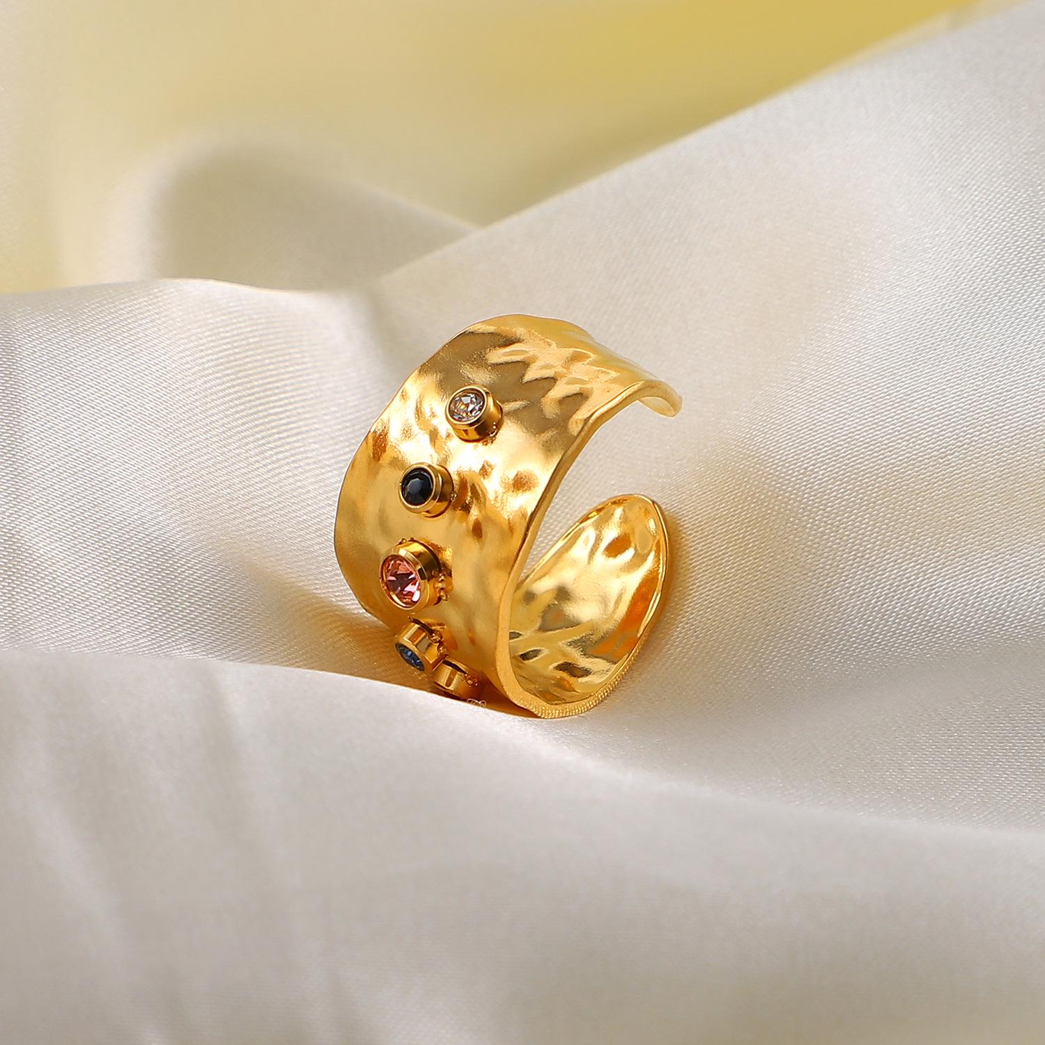 

Colorful Zircon 18K Gold-Plated Stainless Steel Open Ring for Women Adjustable