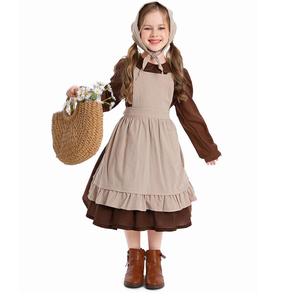 Kids Girls Children's Day Poor Maid Dress Apron Sets Cosplay Costume Stage Performance Pastoral Farm Frence Lolita Dress Up Halloween Outfit