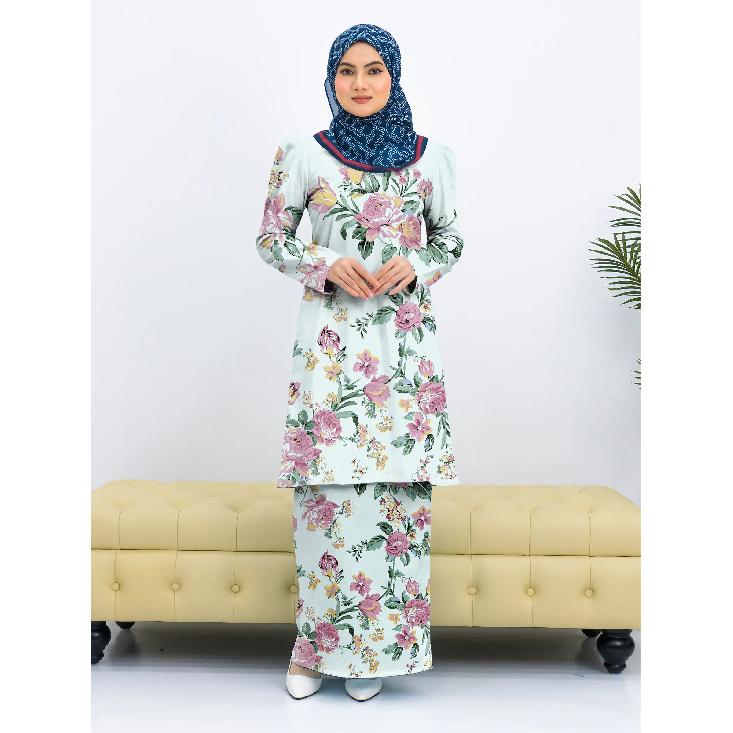 Traditional ink painting floral full body print pattern Pahang stand ladies Muslim suit comfortable breathable elegant Islam ladies dress