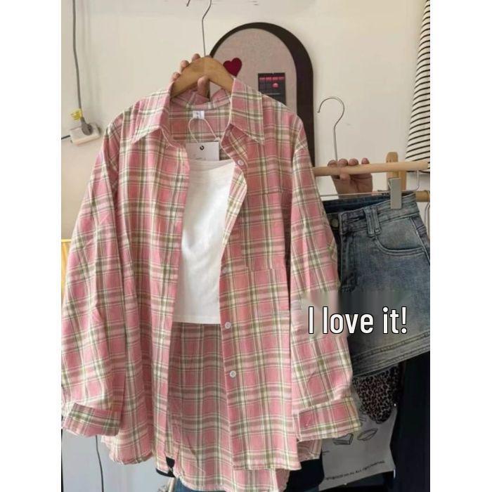 

Женская рубашка-куртка с длинным рукавом в клетку в стиле ретро – Легкая, повседневная и защищающая от солнца для весны/лета Medium розовый