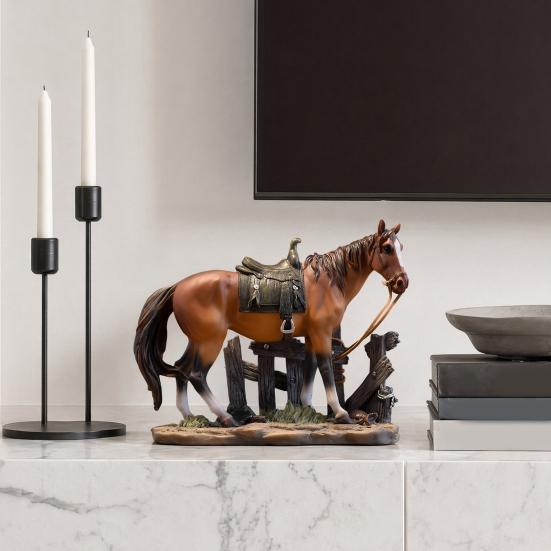 Horse Resin Figurine, Rustic Fence & Galloping Pony Statue Sculpture, Luxury Home Decor for Living Room TV Stand Entryway Wine Cabinet, Unique