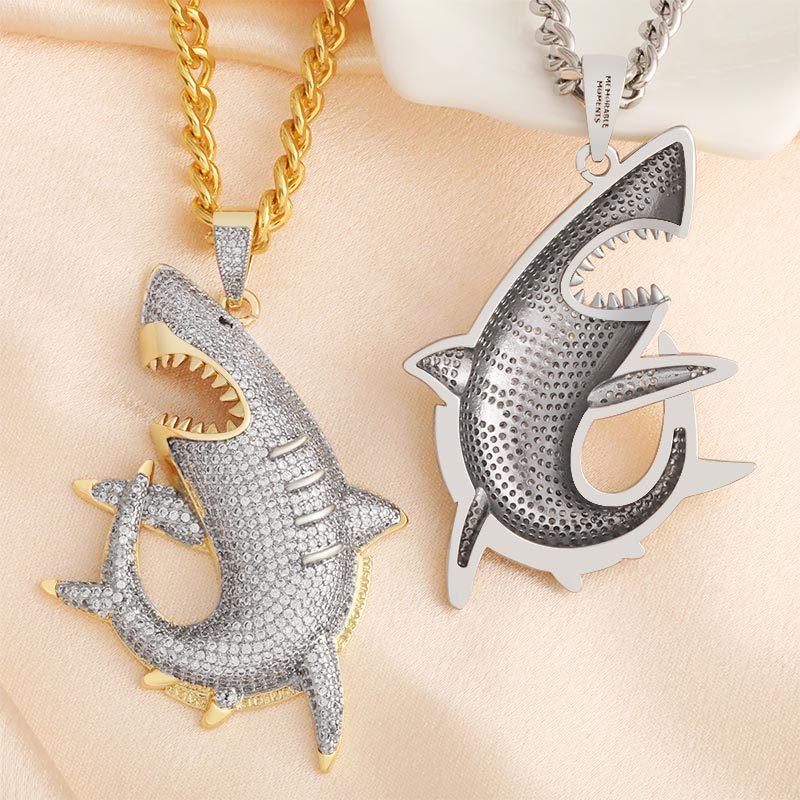 Collana Pendente Squalo DAXI Unisex alla Moda con Pieno Pavé di Diamanti e Catena a Maglia Cubana - Gioielli Hip Hop che Non Sbiadiscono