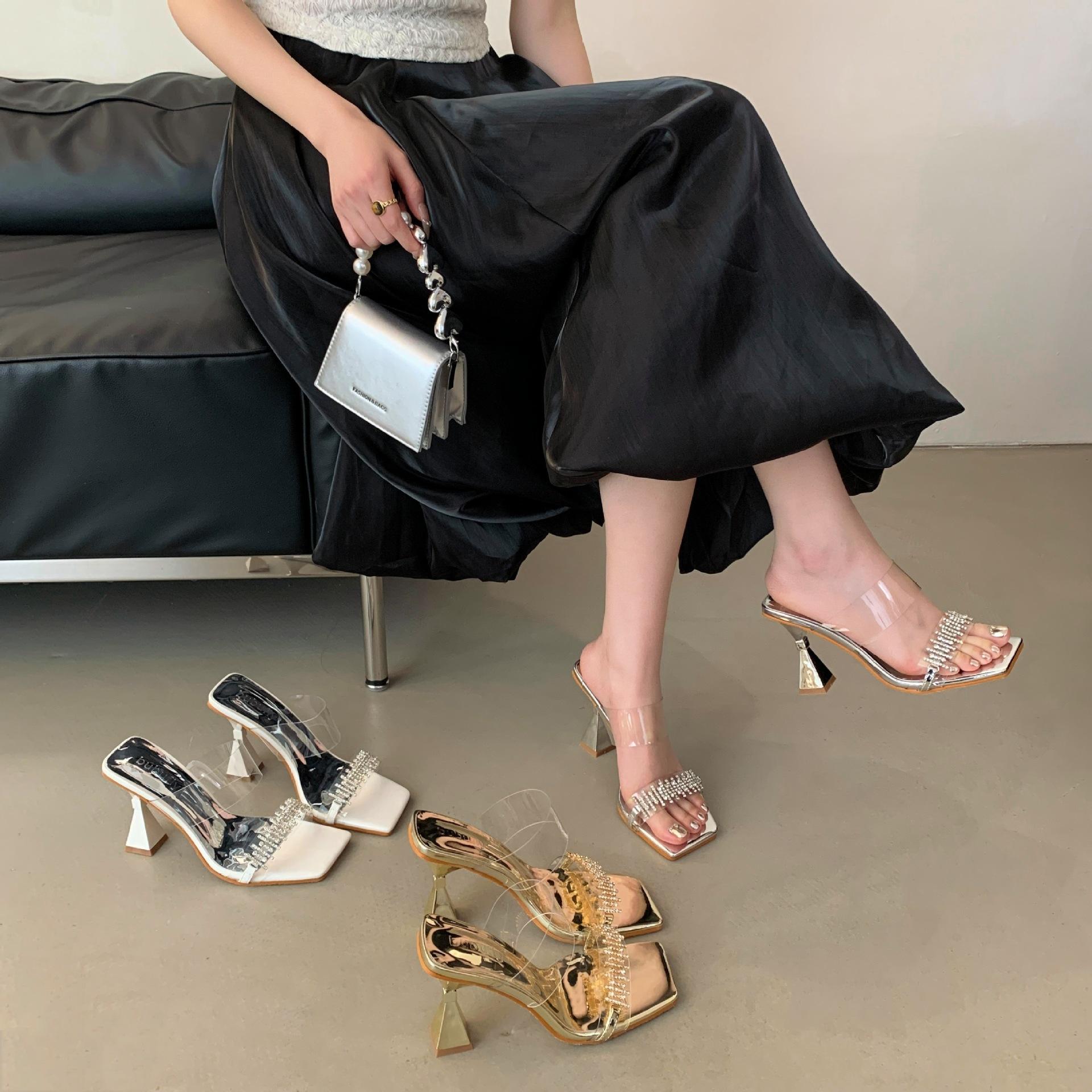 

Bbuflf rhinestone transparent high heels 25 years old new sexy versatile French niche design slippers women s summer wear 39 золотой