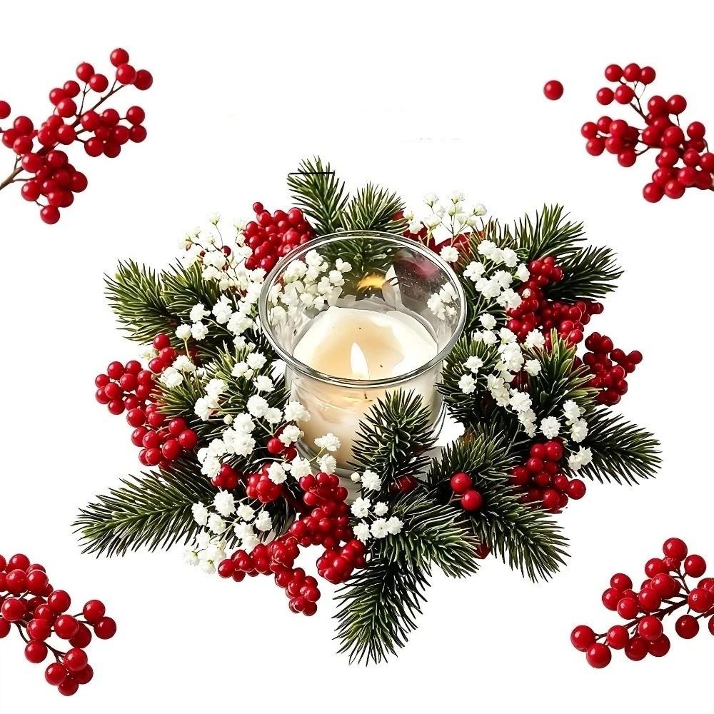 Flower Artificial Wreath Candle Rings Red Berry Pillar Candlestick Wreath Candle Holder Party