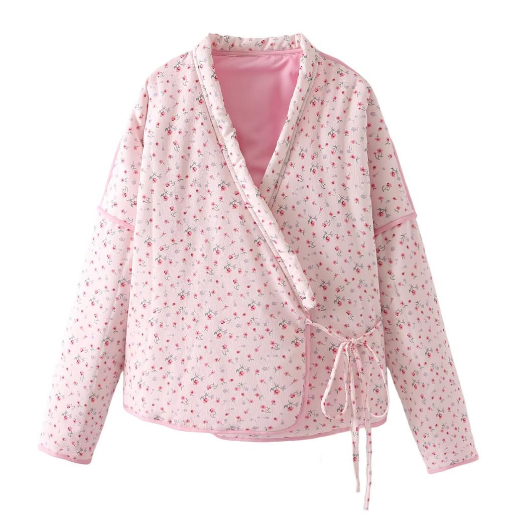 2026 Fashion Pink Sweet Women's Clothing Floral Strap Cotton Coat V-neck Cotton Jacket