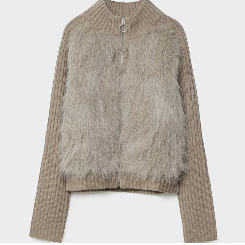 

Стради * Тон Ф Снежный Верх Мокко Имитация Меха Пэчворк Утопленная Полоска Вязаный Свитер Кардиган C706 Mocha S