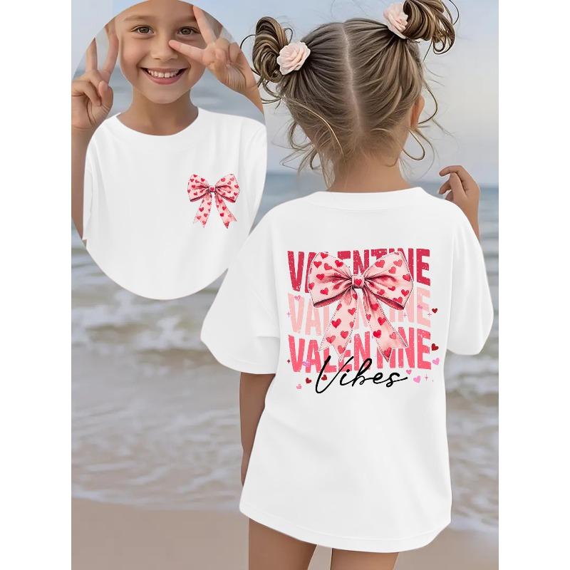 Girls Crew Neck Short Sleeve T-Shirt with Bow & VALENTINE Letter Print 110 белый