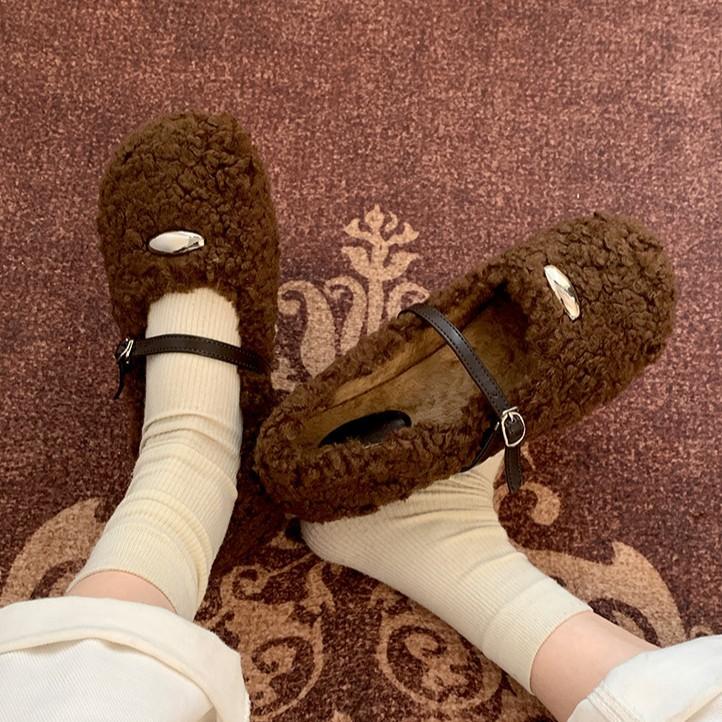 Fashion Commuter Retro Flat-bottomed Fluffy Shoes Women's 2025 New Autumn and Winter Velvet Round Head Soft Sole Mary Jane Cotton Shoes