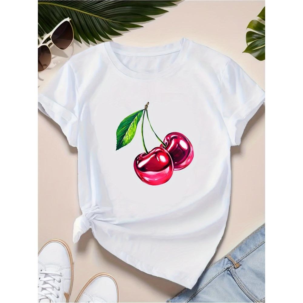Women's Casual Short Sleeve T-Shirt Black Fit Round Neck with Bright Geometric Cherry Print Harajuku Short Sleeve