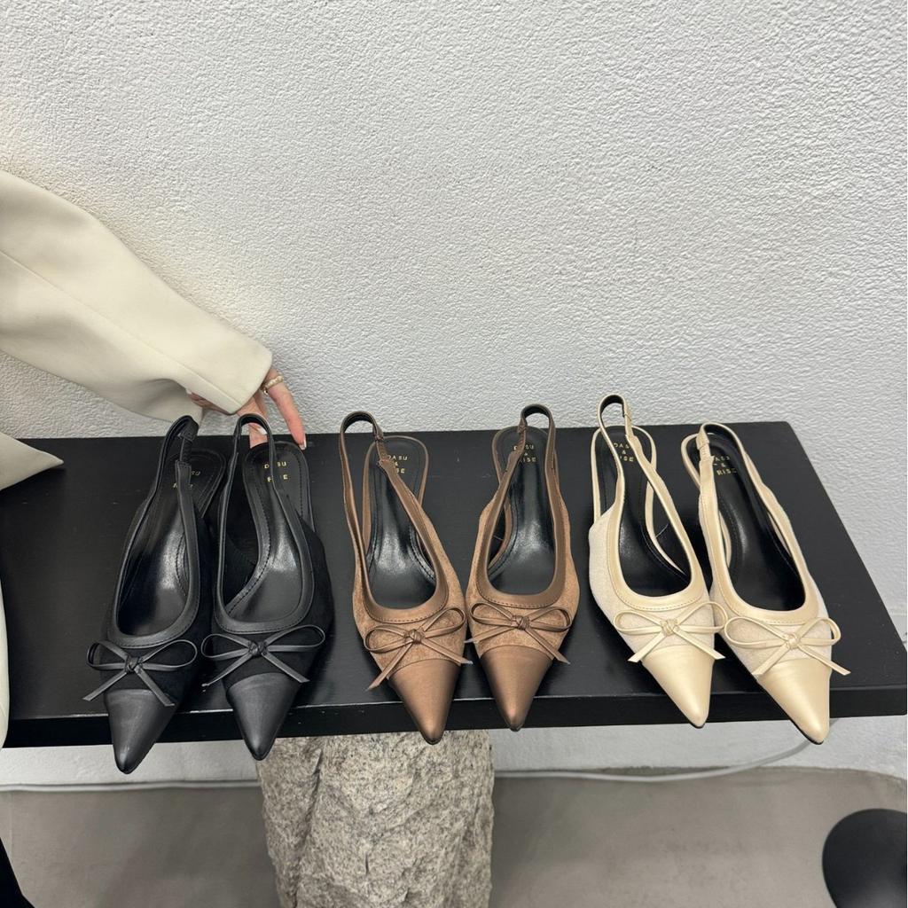 2025 Spring and Autumn New Light Mouth Pointed Head Thin Heel Medieval Shoes Bow Single Shoes with Color Matching Thin Heel