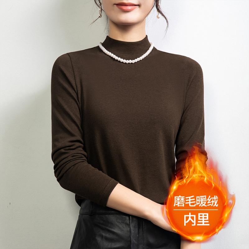 Ankola red semi-turtleneck wool fleece bottoming shirt with autumn and winter new T-shirt medium neck slim-fit top