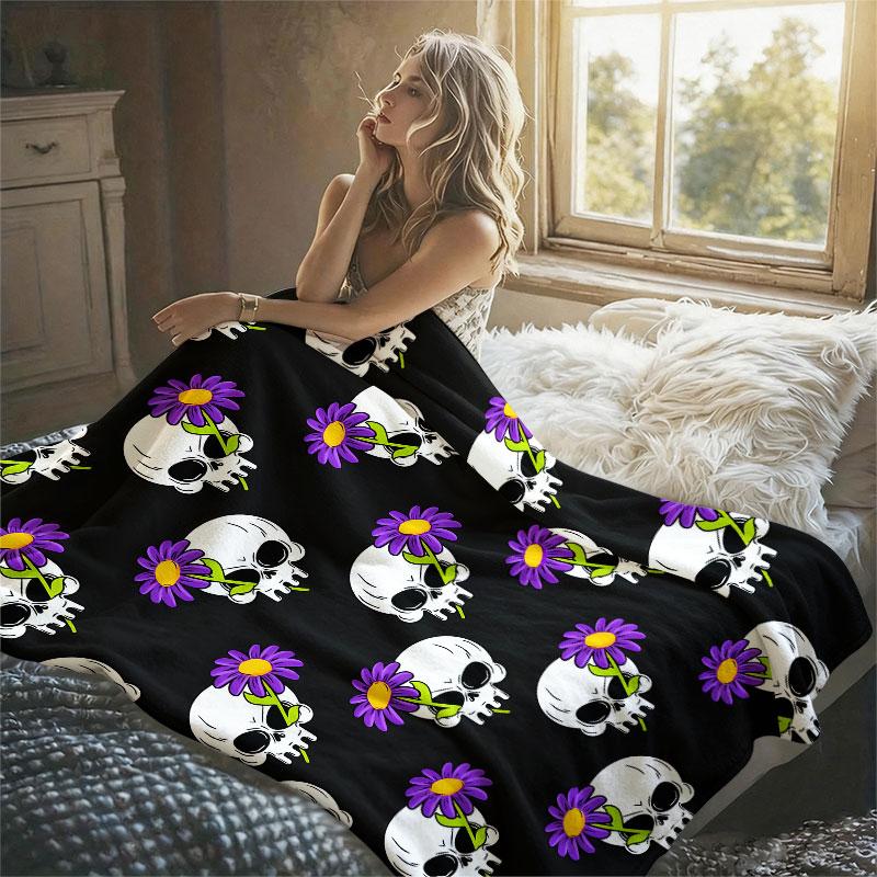 Skulls Purple Daisies Black Flannel Blanket Perfect for Sofa Office Bed Travel Sleep Read Relax Camping Four Season Use