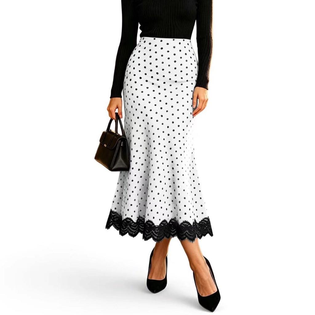 Damen Casual Polka Dot Rock mit Spitzeneinsatz, Modischer Rock für den Alltag