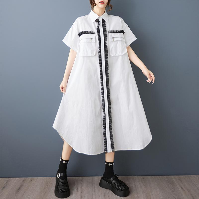 

Dimanaf Новое летнее платье-рубашка большого размера 2025 для женщин, базовое, с карманами, повседневное, с коротким рукавом, свободное, длинное One Size белый