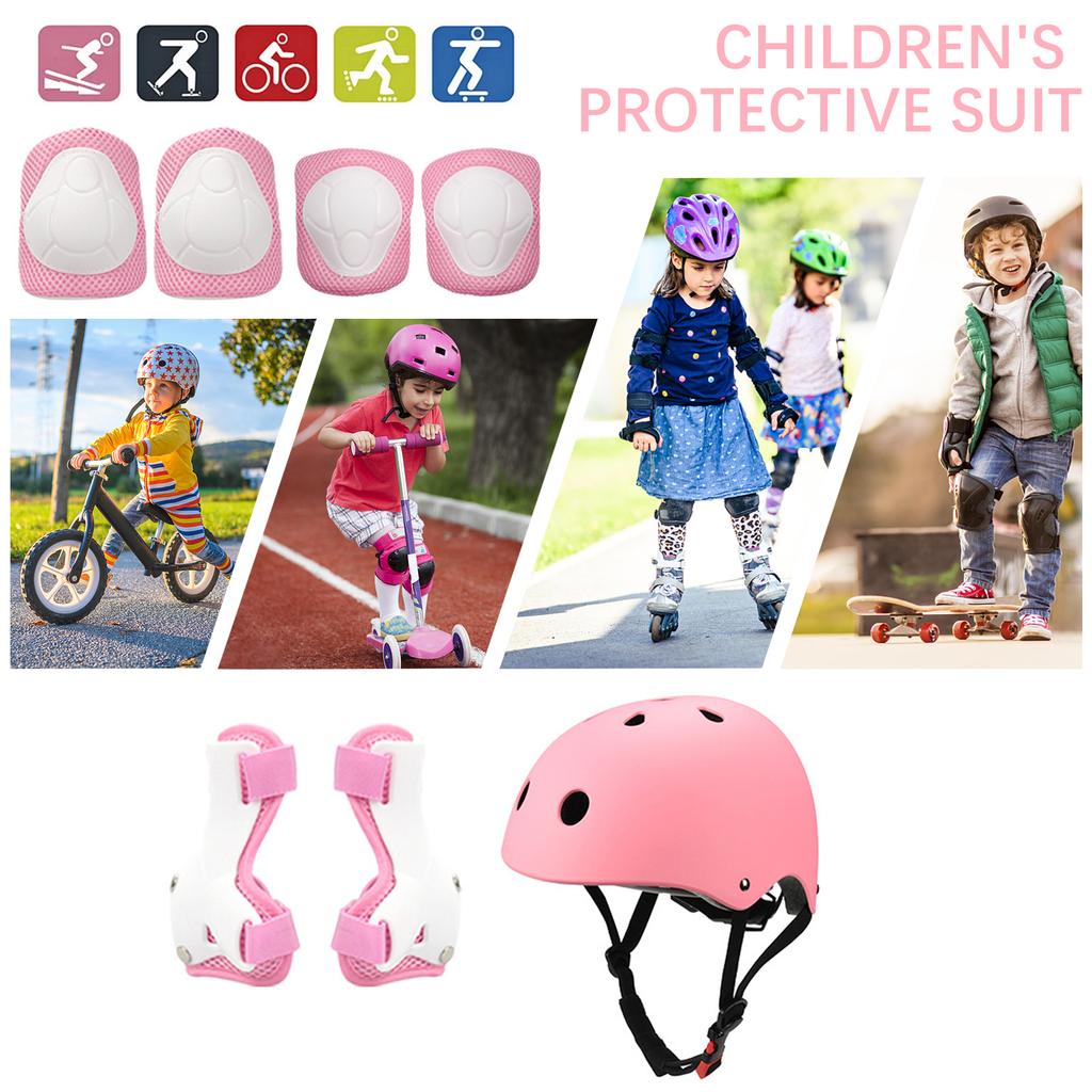 7pcs Skiing Protective Gear Extreme Sport Helmet Knee Wrist Pad Handguard (Pink)