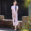 Elegant Blue Modern Chinese-Inspired Long Cheongsam Dress Women 2026 Vintage Fit With Lace Trim