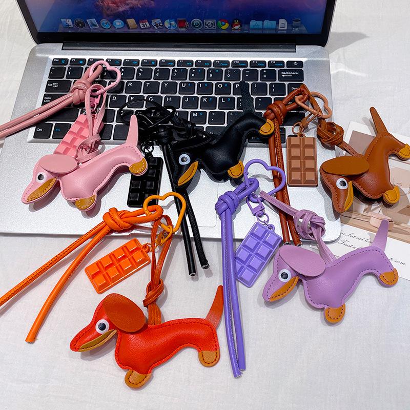 Leather Dachshund Chocolate Bag Accessories Pendant Key Chain Lanyard Creative Keychain