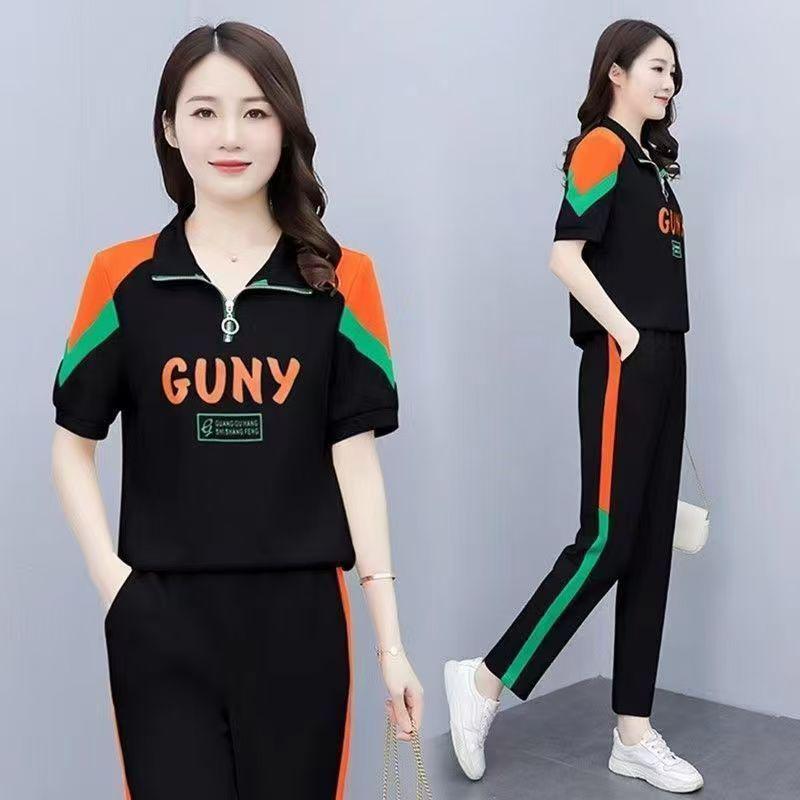 

Женский утягивающий спортивный костюм с принтом букв - Модный свитшот и брюки Лето 2025 2XL (Recommended 130-150 jin) чёрный