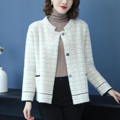 Damen Frühling/Herbst Koreanischer Stil Imitation Nerz Fleece Pullover Jacke Kurzgeschnittenes Design Karierter Strick-Cardigan