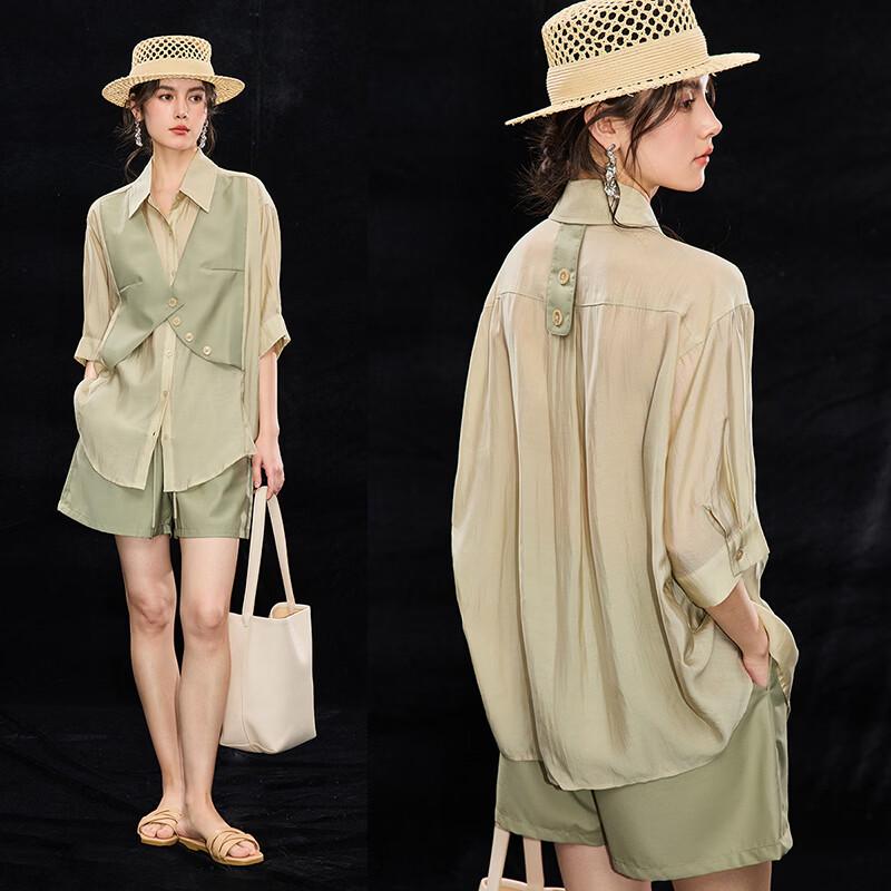 Women s Tencel Blend Faux Two-Piece Shirt & Shorts Set S зелёный